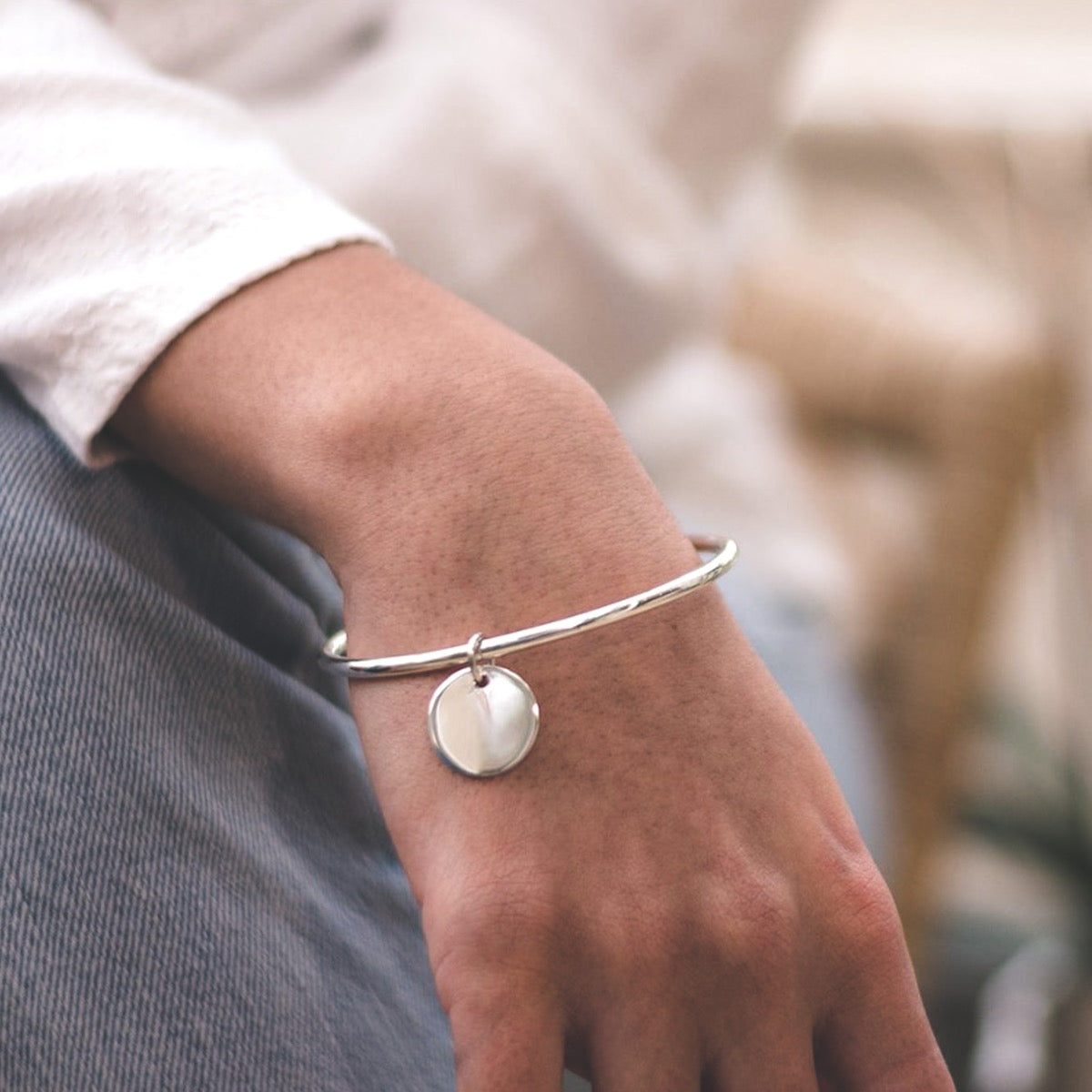 Silver Bangle With Engraved Disc - hersey-and-son