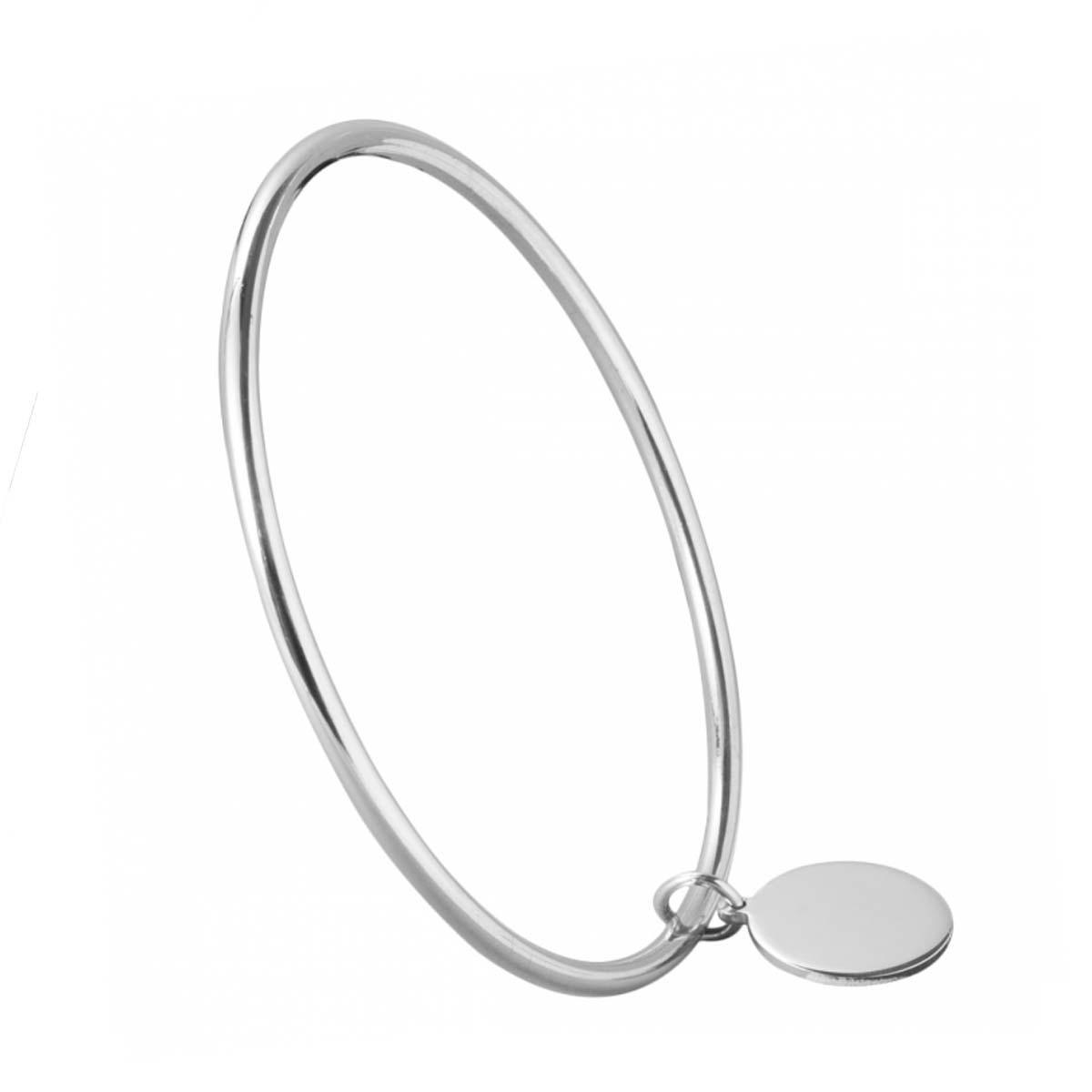 3mm Round Silver Bangle With Engraved Disc Charm