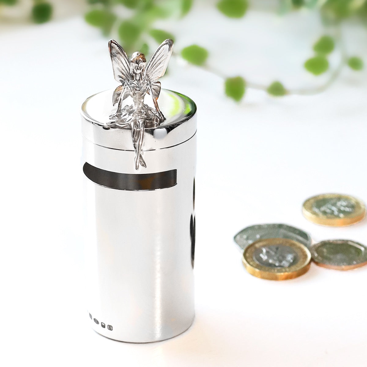 Silver money box fairy 
