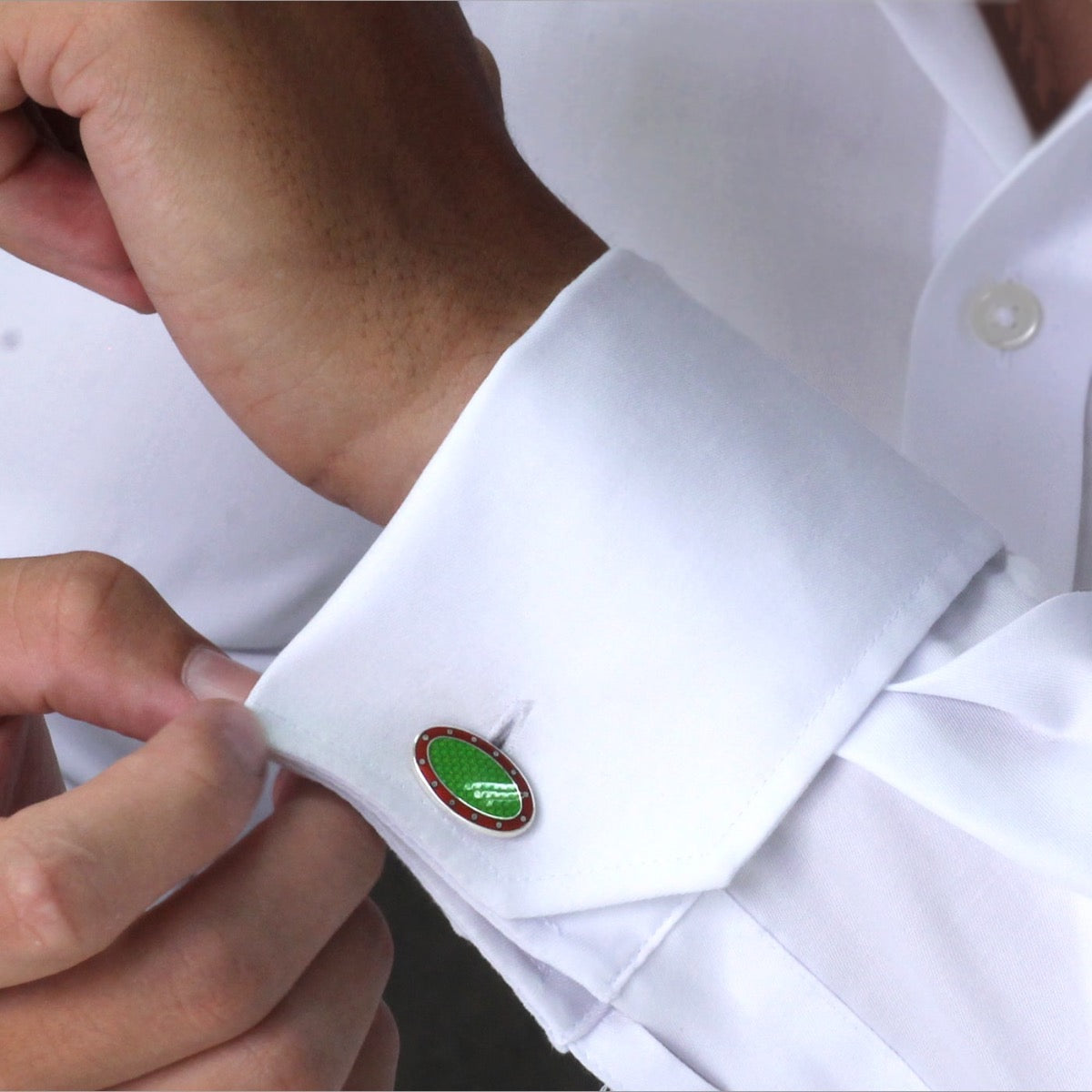 silver, lime and red vitreous enamel cufflinks