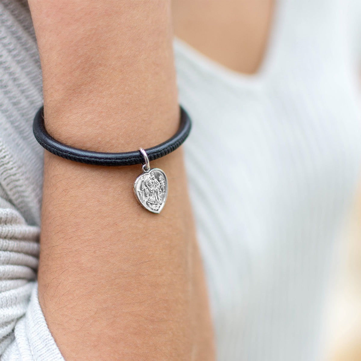 Leather & Silver Heart St Christopher Bracelet