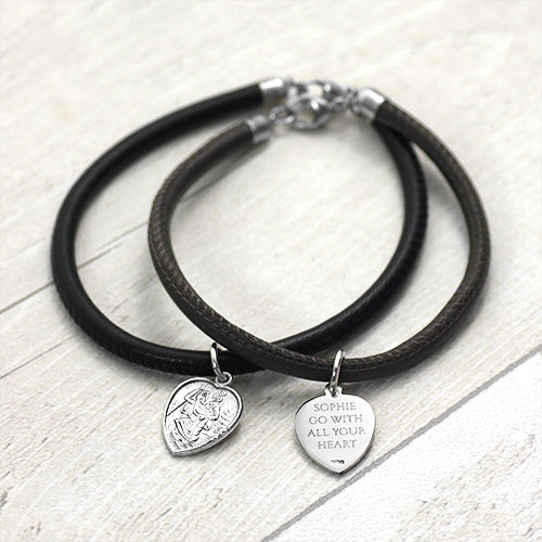 Leather & Silver Heart St Christopher Bracelet - hersey-and-son