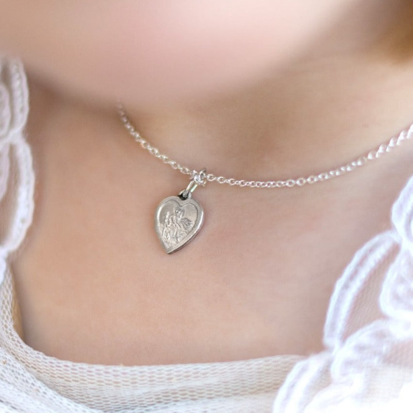 Silver heart mini st christopher necklace