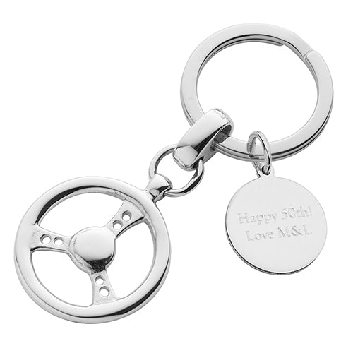 Steering Wheel Silver Keyring With Engraved Disc