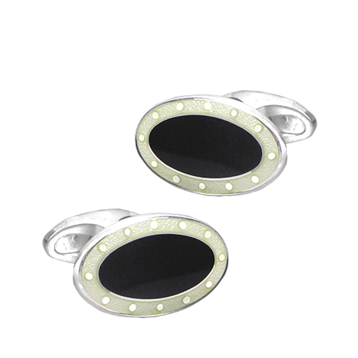 Silver, Black & Ivory spotted border Vitreous Enamel Cufflinks - hersey-and-son