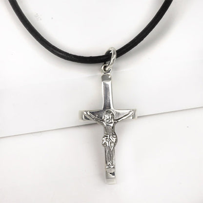 Silver Crucifix Pendant Black Leather