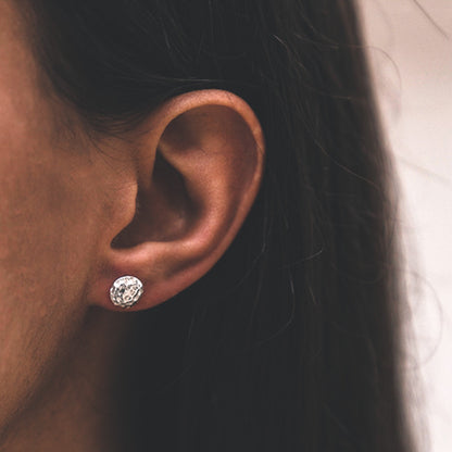 Silver large round hammered earrings