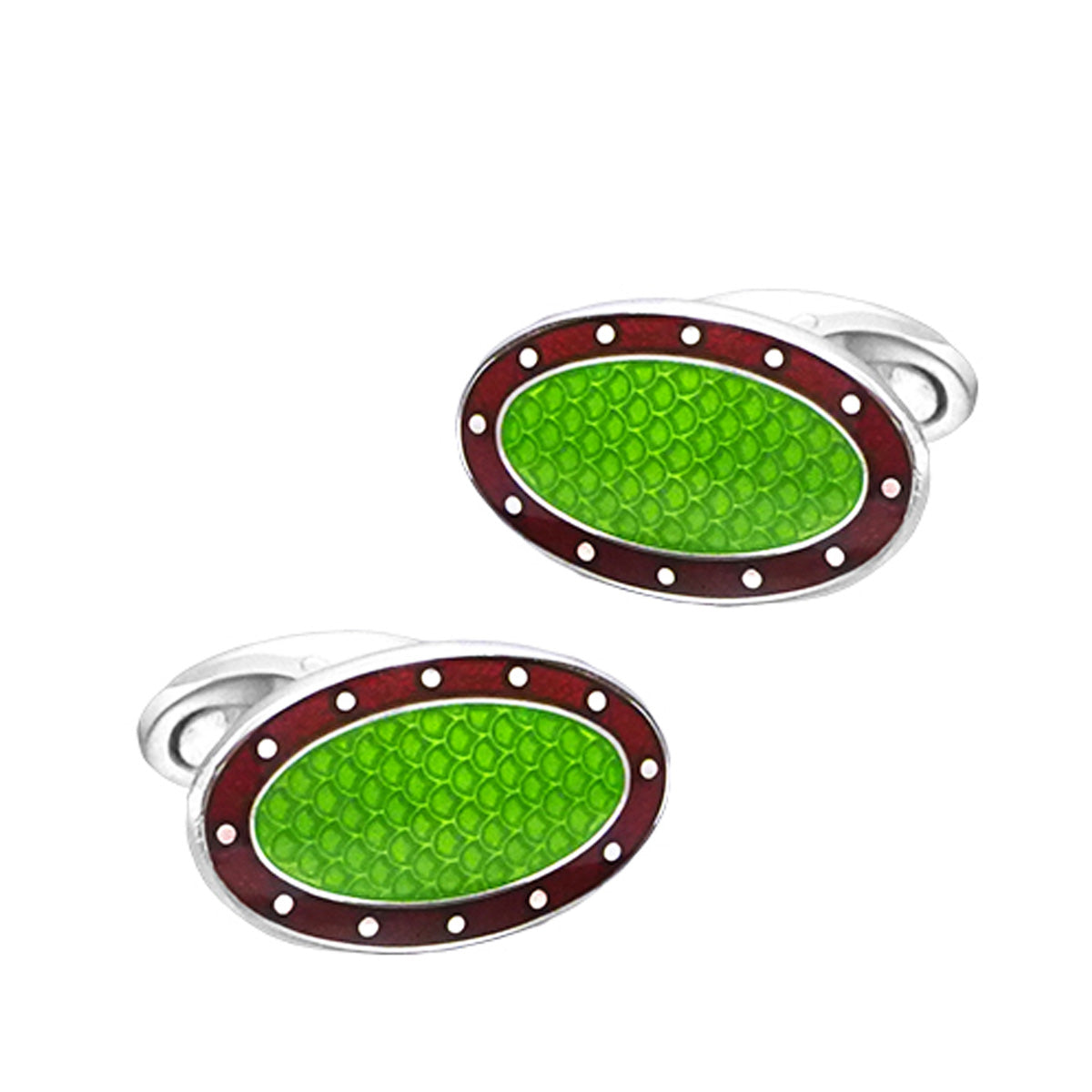 Silver, Lime and red spotted border vitreous enamel cufflinks