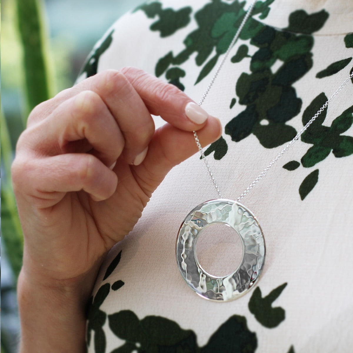 Large silver hammered circle of life pendant 