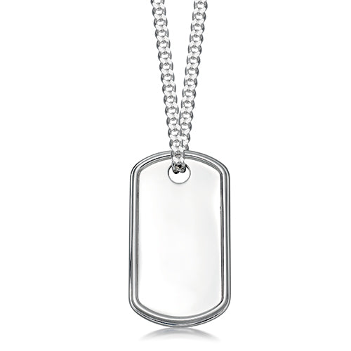 Men's Sterling Silver Raised Edge Dog Tag Necklace w/ Bead Chain