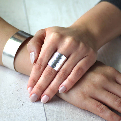 Adjustable Wide Sterling Silver Ring - Hammered