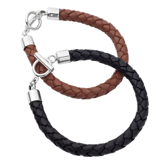 plaited leather and black bracelets
