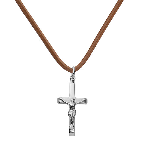 Silver Crucifix Pendant Brown Leather