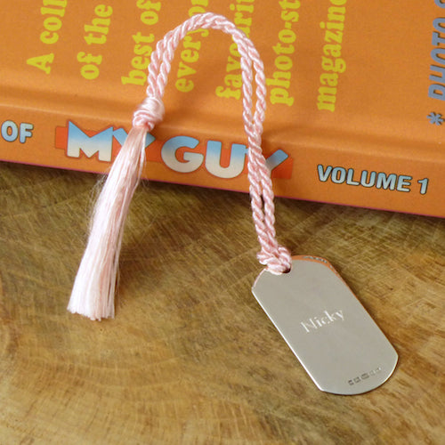 Engraved Silver Dog Tag Bookmark.