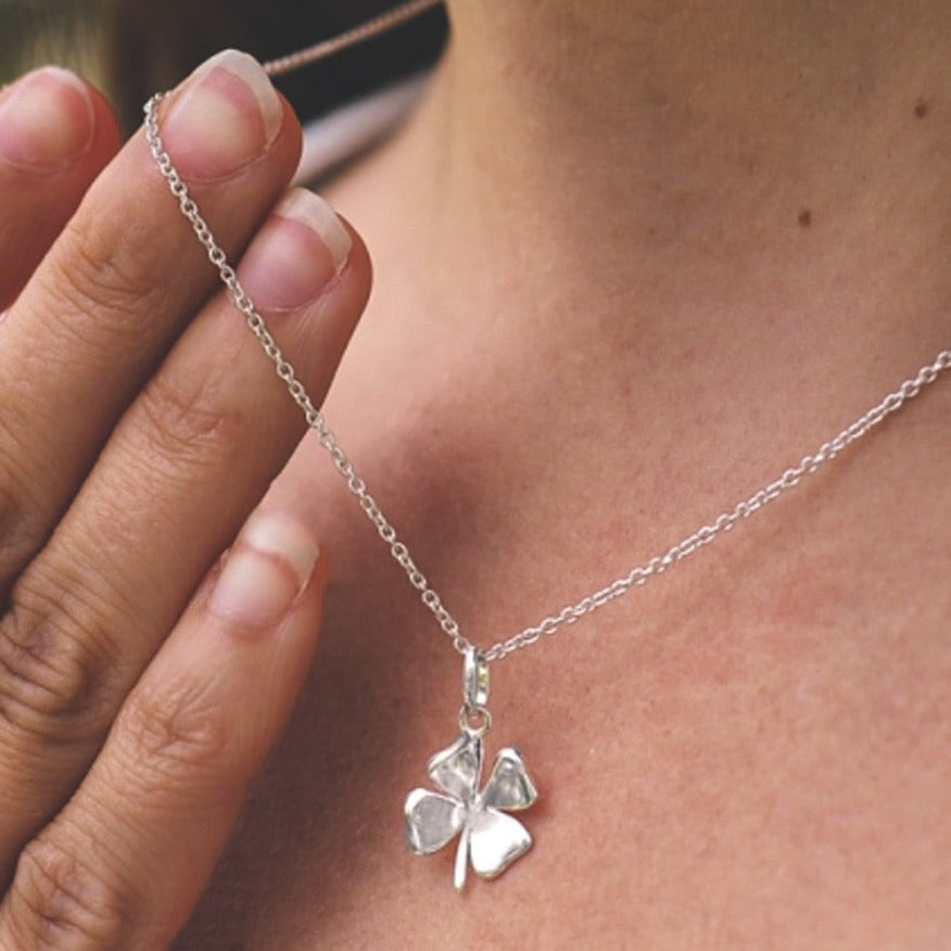 Lucky Silver Or Gold Four Leaf Clover Necklace By Hersey Silversmiths