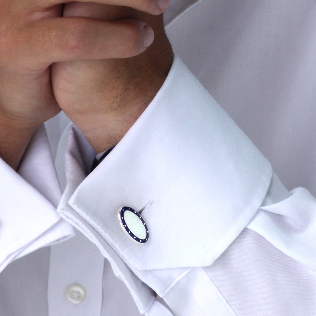 Silver blue and white vitreous enamel cufflinks