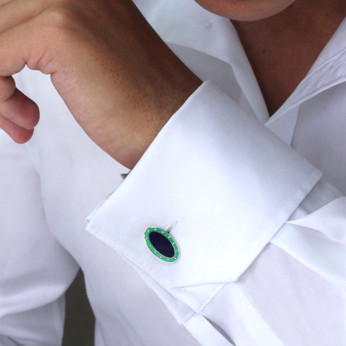 Silver purple and lime green vitreous enamel cufflinks