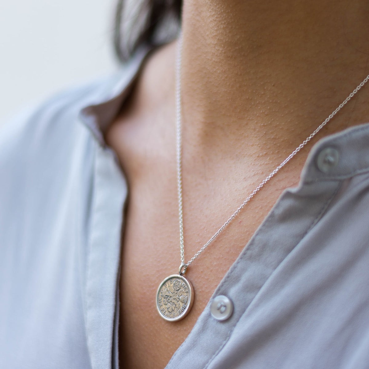 Silver lucky sixpence necklace
