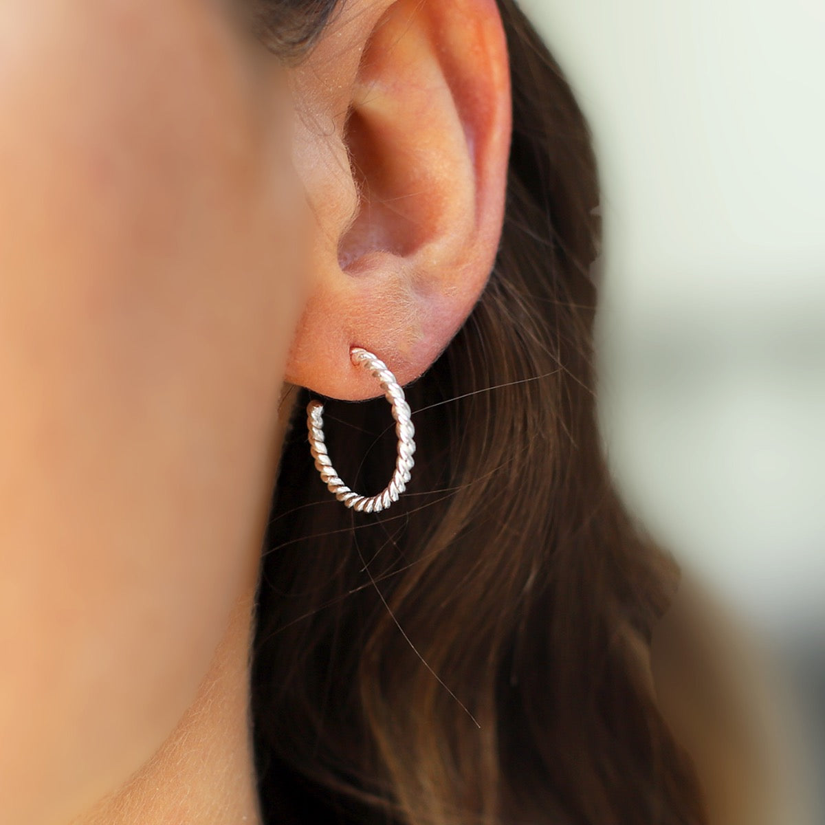 Slim silver twisted ball hoops
