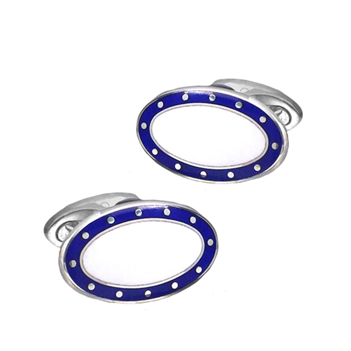 Silver White and navy spotted border vitreous enamel cufflinks