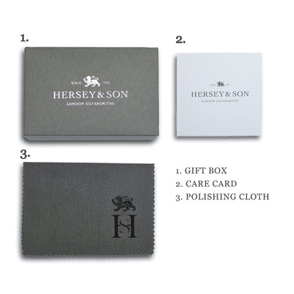 Hersey & Son Silversmiths Packaging Pearl and Silver cufflinks