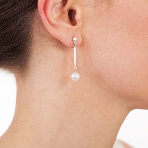 Silver & White Pearl Drop Earrings Model